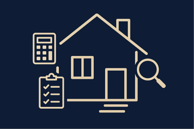 house outline with financial icons representing key concepts in the home buying process