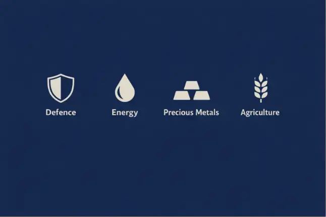 Information diagram showing four asset groups that often rise during war: defence, energy, precious metals, and agriculture commodities.