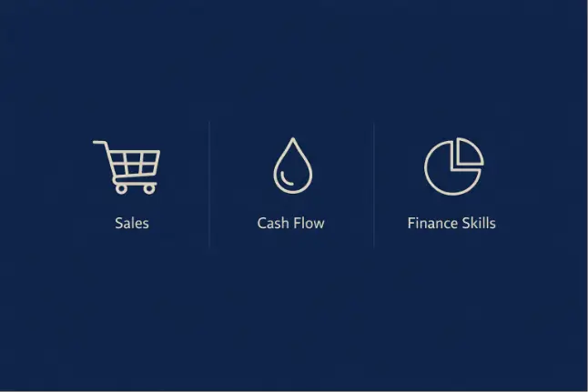 Three‑icon grid showing sales, cash flow, and finance skills as key parts of business and money.