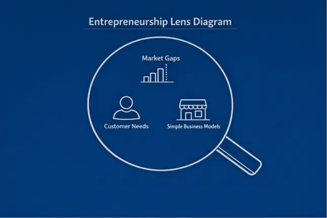 A magnifying‑glass diagram showing three ideas inside the lens. The top icon represents market gaps. The bottom‑left icon represents customer needs. The bottom‑right icon represents simple business models. The design uses thin beige lines on a navy background.