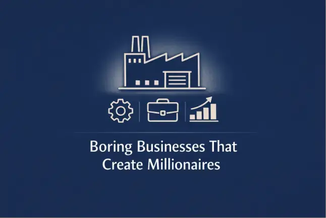 Boring Businesses That Create Millionaires text with pictures of a gear to represent operations, briefcase for business ownership and A bar chart to represent steady growth